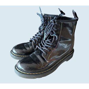 Dr Martens Youth Kids Black Combat Boots Rainbow Metallic Seams Size 3